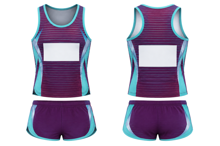 Front and back view of plum retro micro stripe with modern panel breaks athletics relay or field event kit