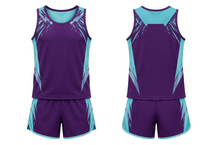 Front and back view of plum angular shoulder burst athletics track training set