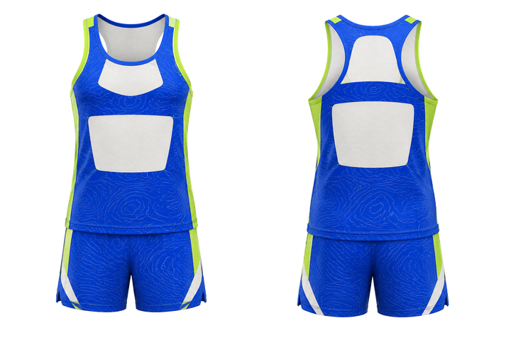 Front and back view of royal blue contained topographic contour field athletics track training set