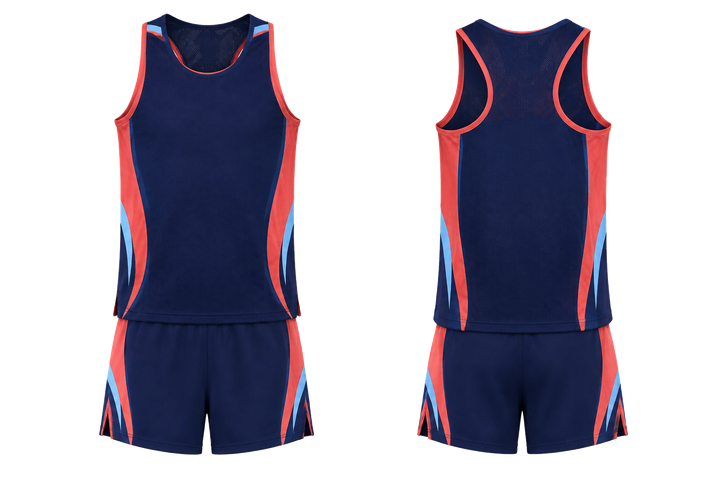 Front and back view of indigo curved body mapped side flow athletics track training set