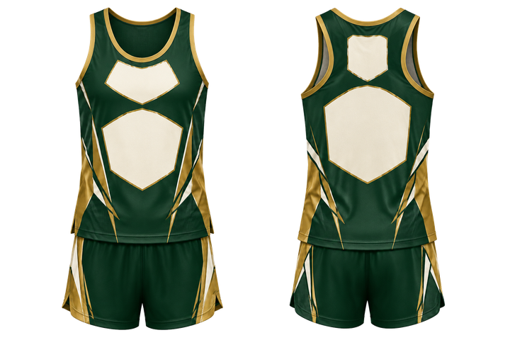 Front and back view of forest green faceted shield geometry athletics track training set