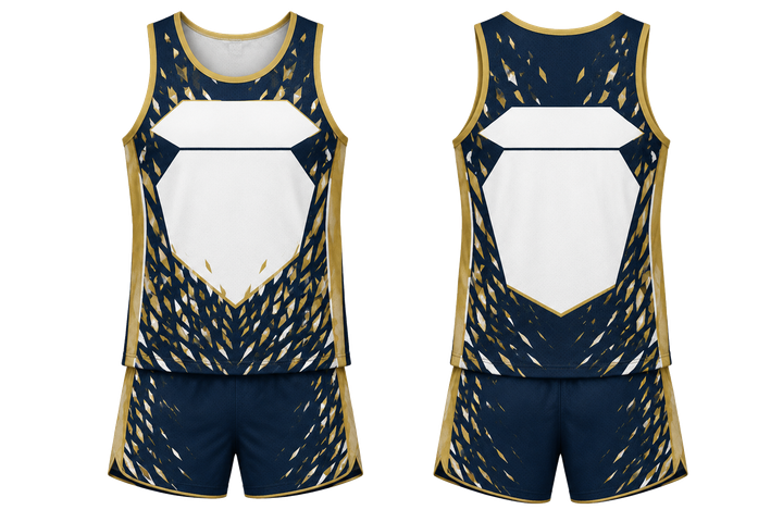 Front and back view of marine blue fractured diamond field athletics track training set