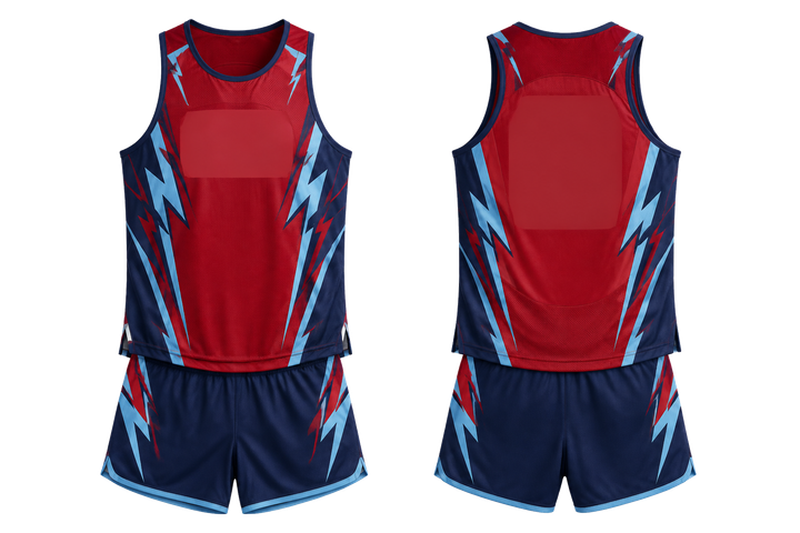 Front and back view of deep red negative space lightning channel athletics track training set