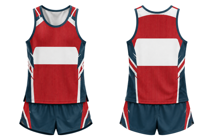 Front and back view of club red retro micro stripe with modern panel breaks athletics track training set