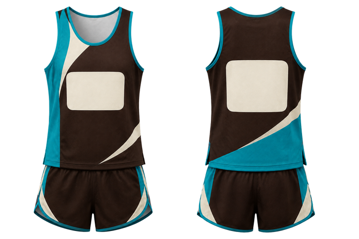 Front and back view of dark chocolate split sash geometry athletics track training set