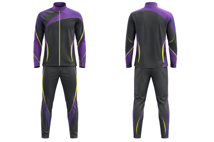 Front and back view of charcoal asymmetric speed panel sweep athletics track warm up set