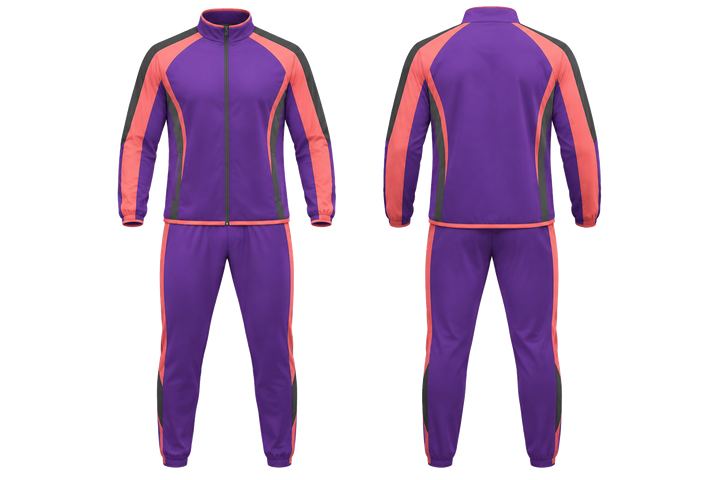 Front and back view of purple bold sleeve to side bridge athletics track warm up set