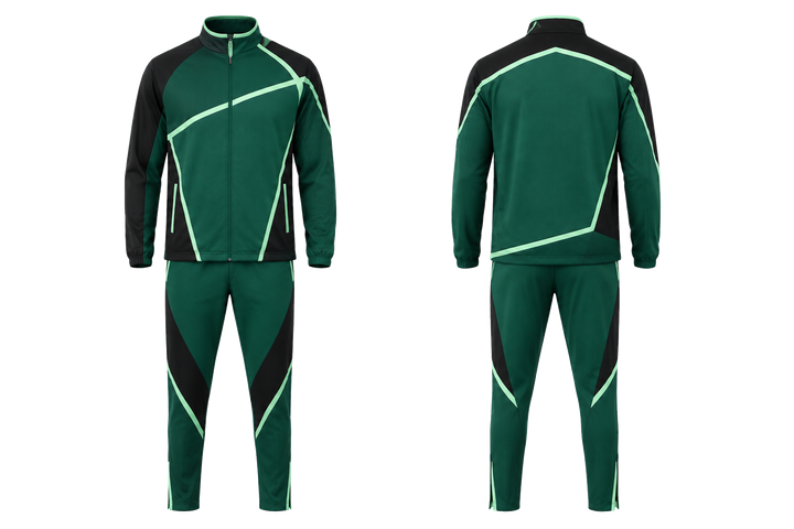 Front and back view of emerald diagonal court line architecture athletics track warm up set