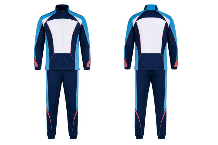 Front and back view of midnight navy minimal arch and orbit geometry athletics track warm up set
