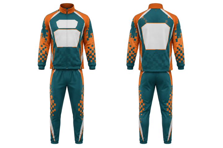Front and back view of petrol teal stepped chequer field with original spacing athletics track warm up set