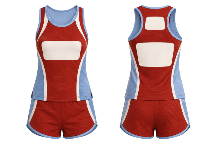 Front and back view of brick red low contrast ripple map athletics women's or youth race kit