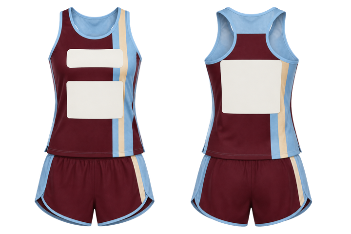 Front and back view of deep maroon offset vertical race stripe athletics women's or youth race kit