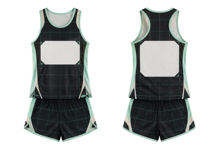 Front and back view of obsidian black oversized tonal grid athletics women's or youth race kit