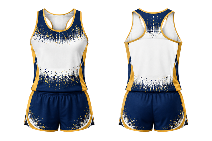Front and back view of marine blue pixel to panel fade built from flat bands athletics women's or youth race kit