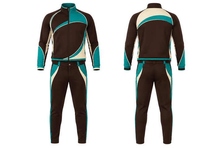 Front and back view of dark chocolate asymmetric speed panel sweep baseball dugout warm up set