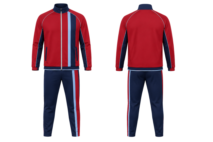 Front and back view of deep red offset vertical race stripe baseball dugout warm up set