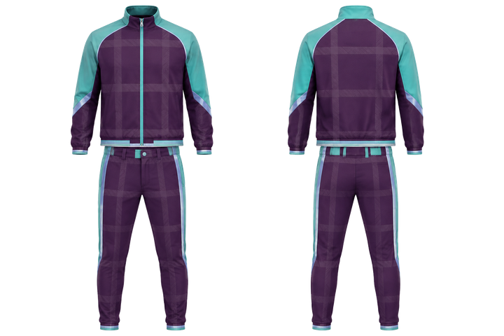 Front and back view of plum oversized tonal grid baseball dugout warm up set