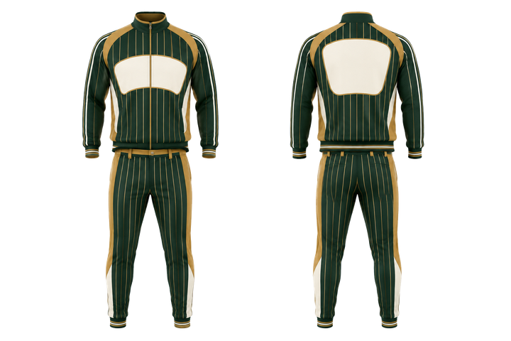 Front and back view of forest green wide modern pinstripe field baseball dugout warm up set