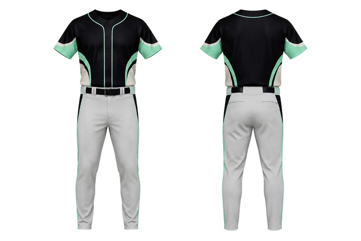 Front and back view of obsidian black bold sleeve to side bridge baseball game uniform