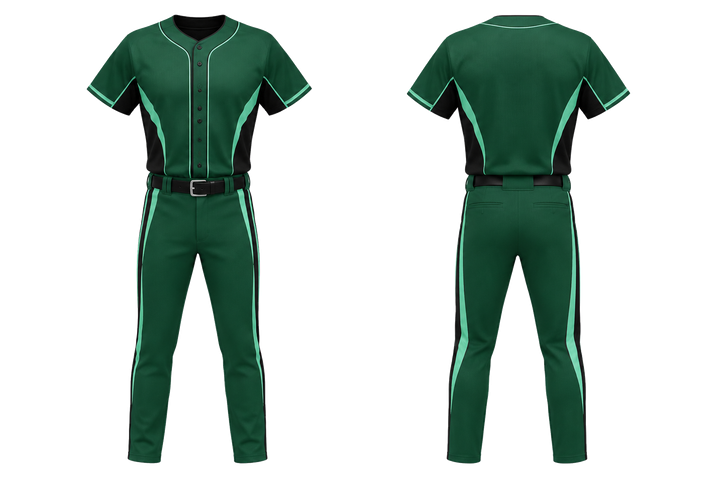 Front and back view of emerald curved body mapped side flow baseball game uniform