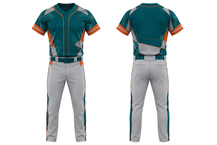 Front and back view of petrol teal fractured diamond field baseball game uniform