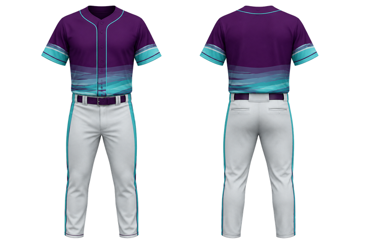 Front and back view of plum layered horizon bands baseball game uniform