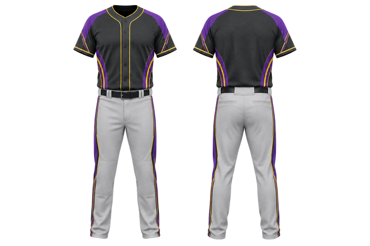 Front and back view of charcoal minimal arch and orbit geometry baseball game uniform