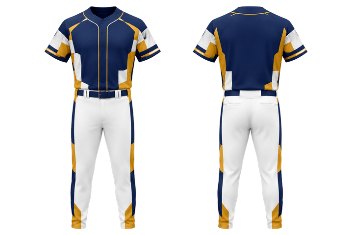 Front and back view of marine blue modular block mosaic baseball game uniform
