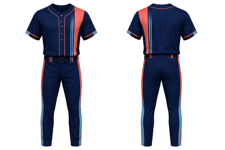 Front and back view of indigo offset vertical race stripe baseball game uniform