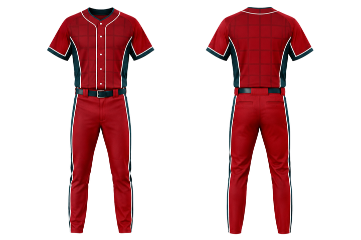 Front and back view of club red oversized tonal grid baseball game uniform