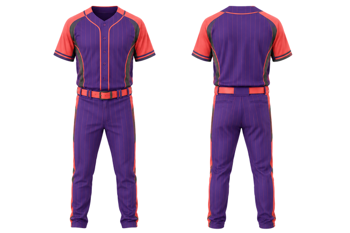 Front and back view of purple retro micro stripe with modern panel breaks baseball game uniform