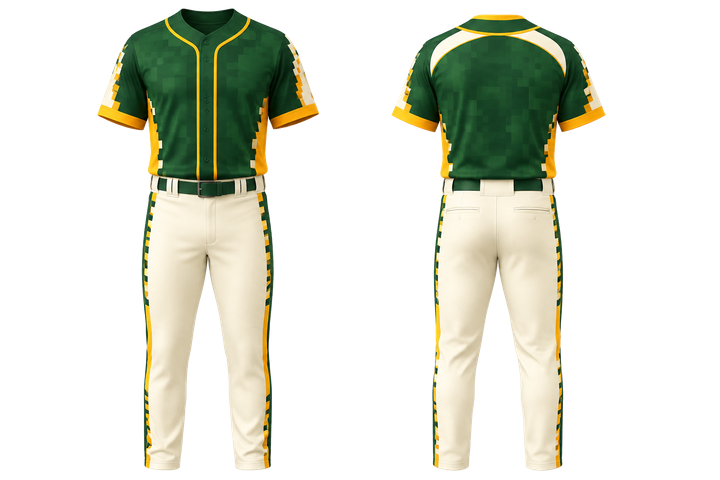 Front and back view of bottle green stepped chequer field with original spacing baseball game uniform