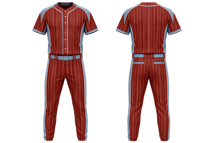 Front and back view of brick red wide modern pinstripe field baseball game uniform