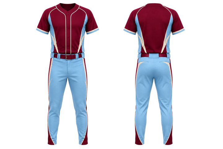 Front and back view of deep maroon curved body mapped side flow baseball youth or fitted diamond uniform