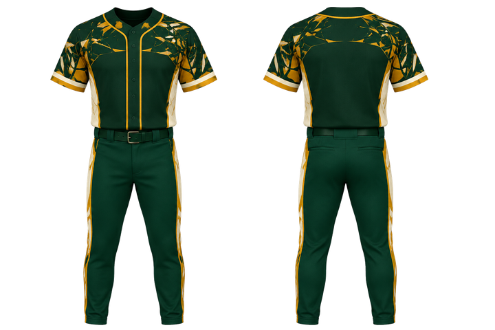 Front and back view of bottle green fractured diamond field baseball youth or fitted diamond uniform