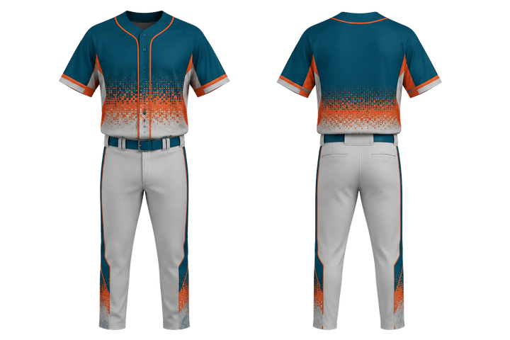 Front and back view of petrol teal pixel to panel fade built from flat bands baseball youth or fitted diamond uniform