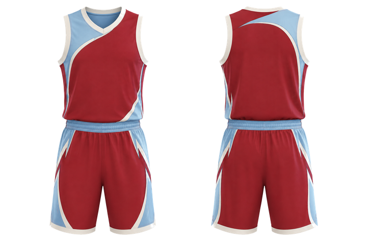 Front and back view of brick red asymmetric speed panel sweep basketball alternate competition uniform