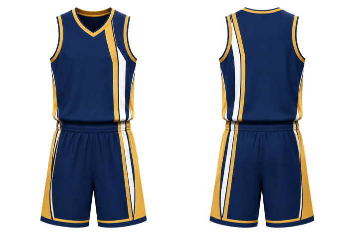 Front and back view of marine blue offset vertical race stripe basketball alternate competition uniform