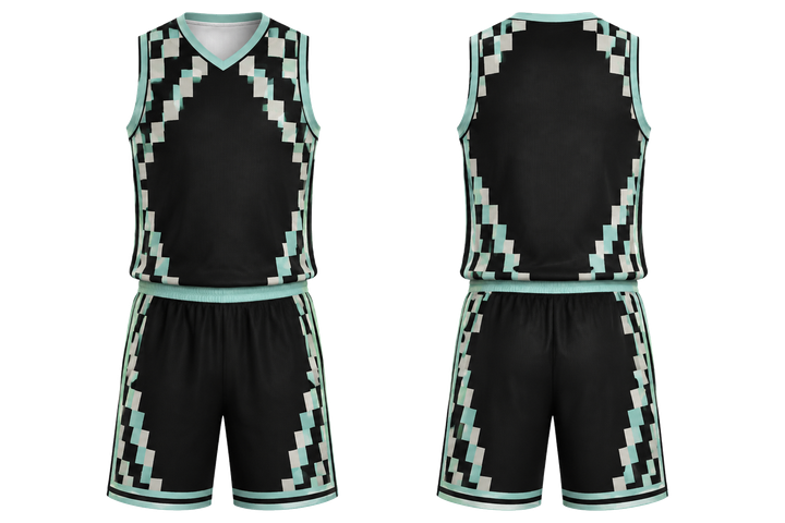 Front and back view of obsidian black stepped chequer field with original spacing basketball alternate competition uniform
