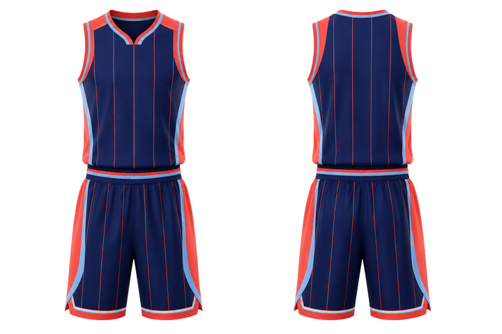 Front and back view of indigo wide modern pinstripe field basketball alternate competition uniform