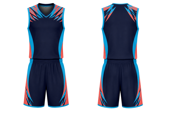 Front and back view of midnight navy angular shoulder burst basketball court uniform