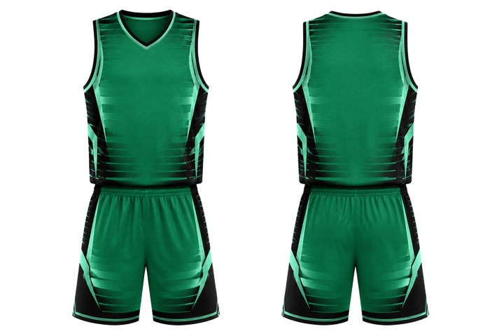 Front and back view of emerald compressed gradient illusion made only from flat bands basketball court uniform