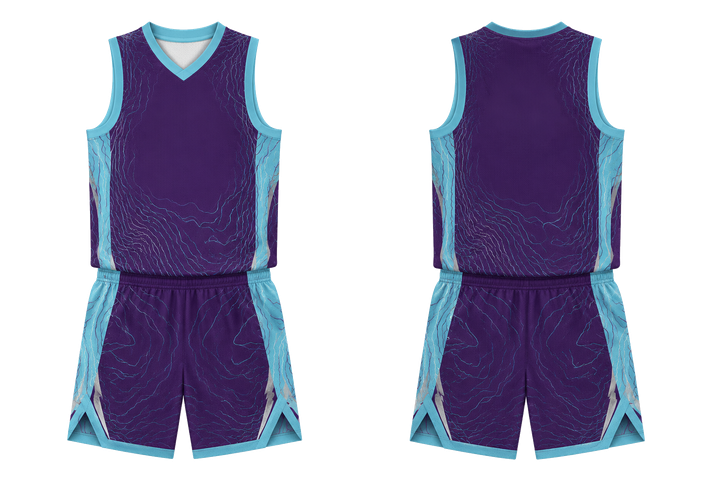 Front and back view of plum contained topographic contour field basketball court uniform