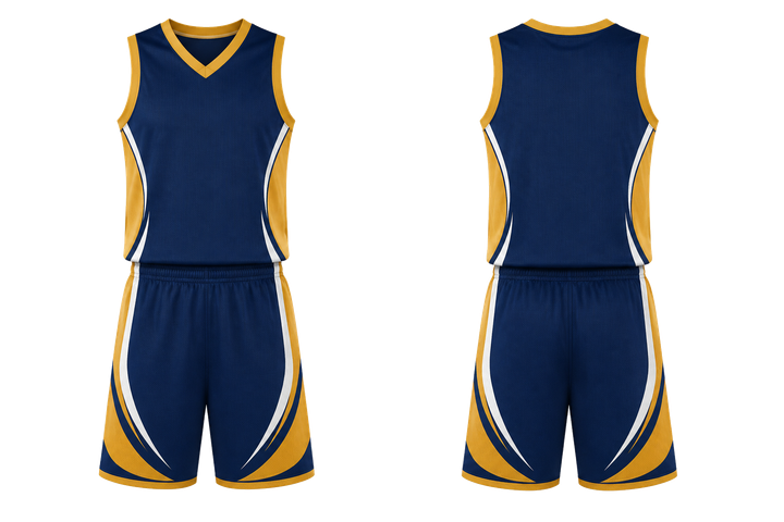 Front and back view of marine blue curved body mapped side flow basketball court uniform