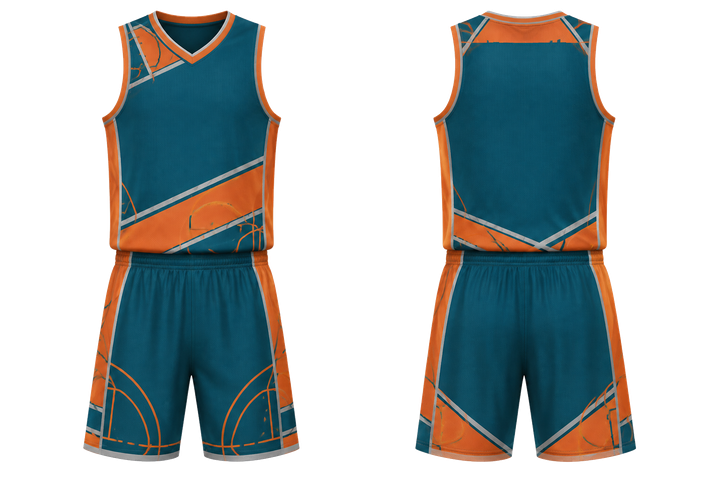 Front and back view of petrol teal diagonal court line architecture basketball court uniform