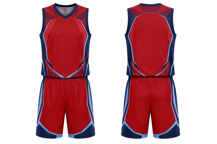 Front and back view of deep red faceted shield geometry basketball court uniform