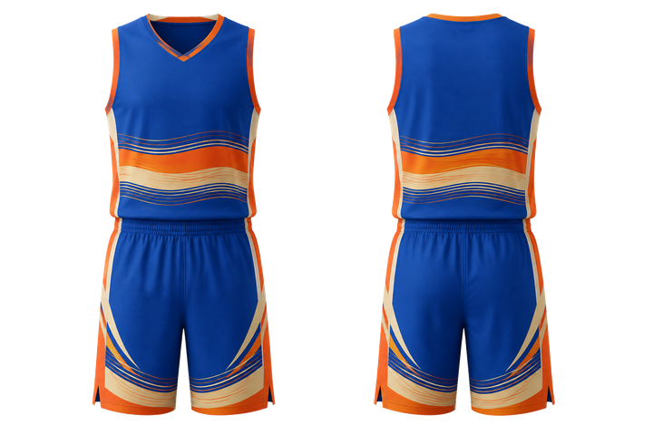 Front and back view of cobalt layered horizon bands basketball court uniform