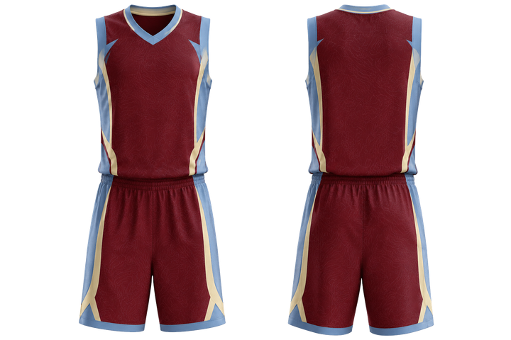 Front and back view of deep maroon low contrast ripple map basketball court uniform