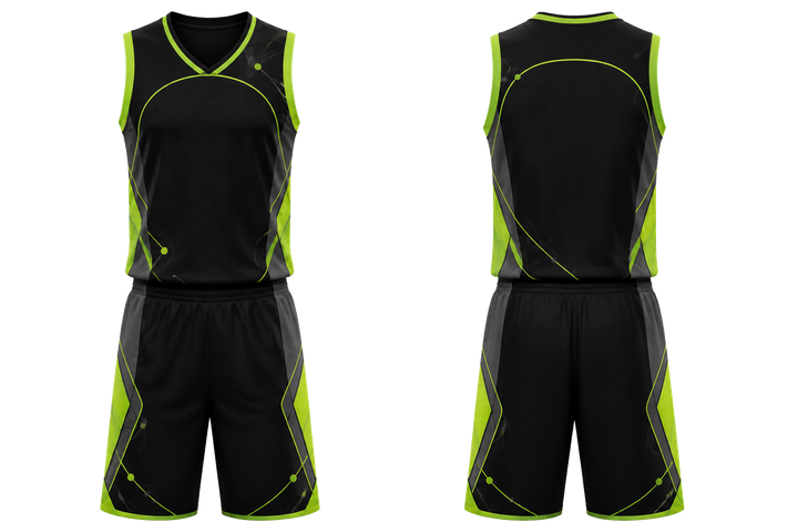 Front and back view of black minimal arch and orbit geometry basketball court uniform