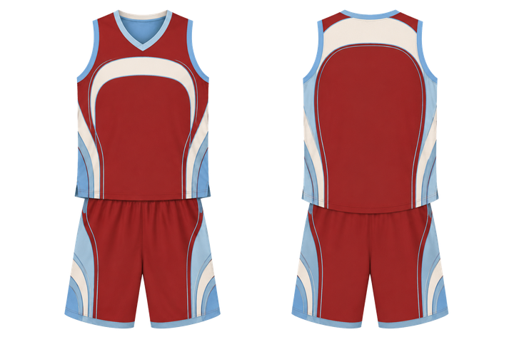 Front and back view of brick red nested contour arcs basketball court uniform
